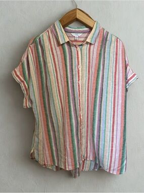 Linen Blend Rainbow Pastel Striped Button-Front Short Sleeve Shirt Size XL